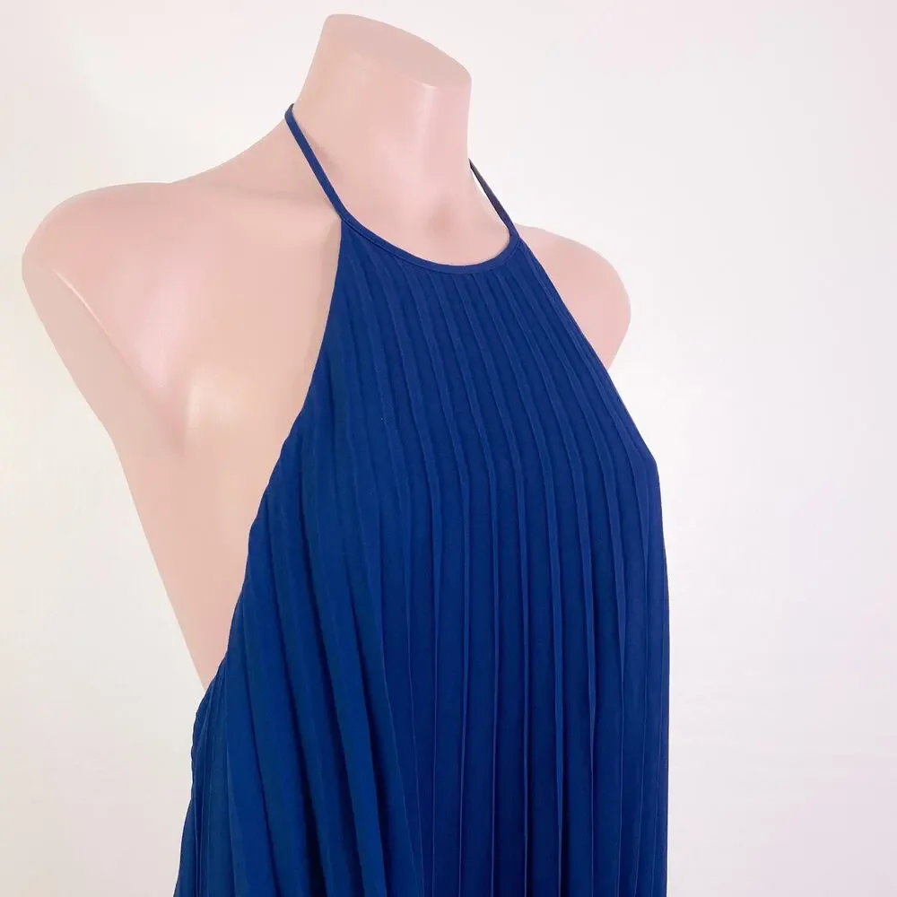H by Halston Halter Pleated Sleeveless Cocktail Dress Navy Blue size 4 NWT